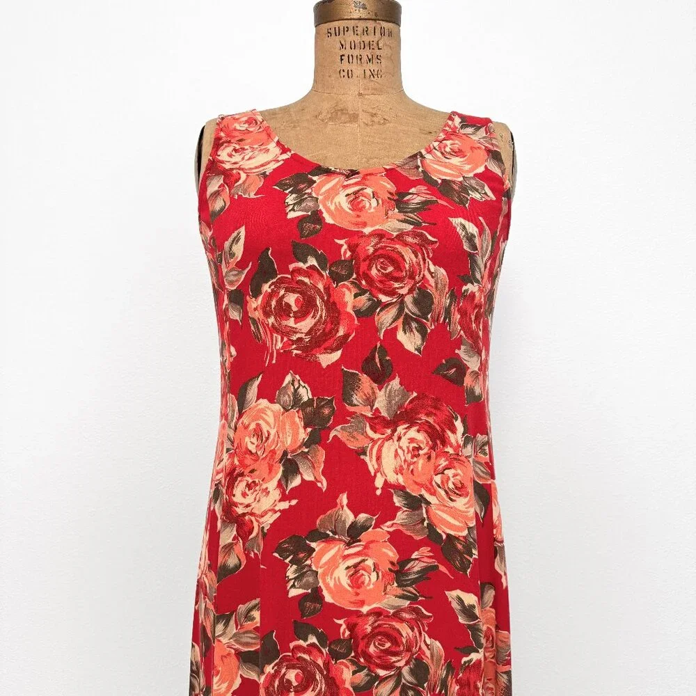 90s Vintage Express Red Floral Sleeveless Maxi Dress Size 9/10 Medium - Picture 3 of 15